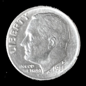 May include: A silver US dime coin with the profile of President Franklin D. Roosevelt on the obverse. The coin has the inscription "LIBERTY" on the left side and "IN GOD WE TRUST" and "1981" on the bottom.