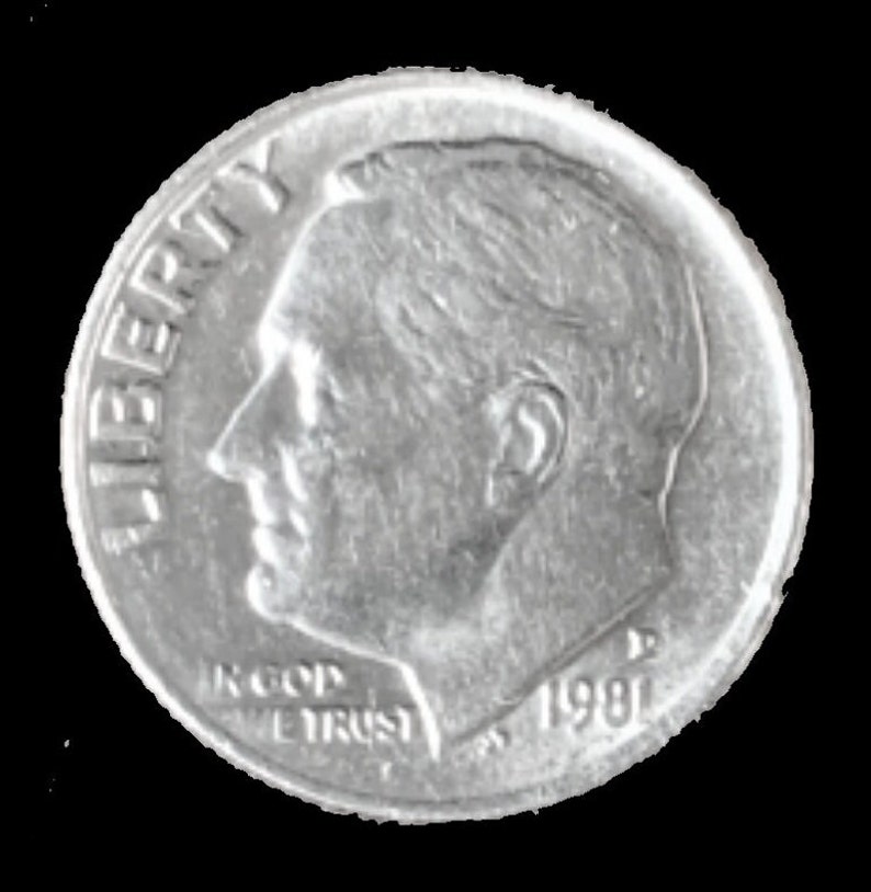 May include: A silver US dime coin with the profile of President Franklin D. Roosevelt on the obverse. The coin has the inscription "LIBERTY" on the left side and "IN GOD WE TRUST" and "1981" on the bottom.