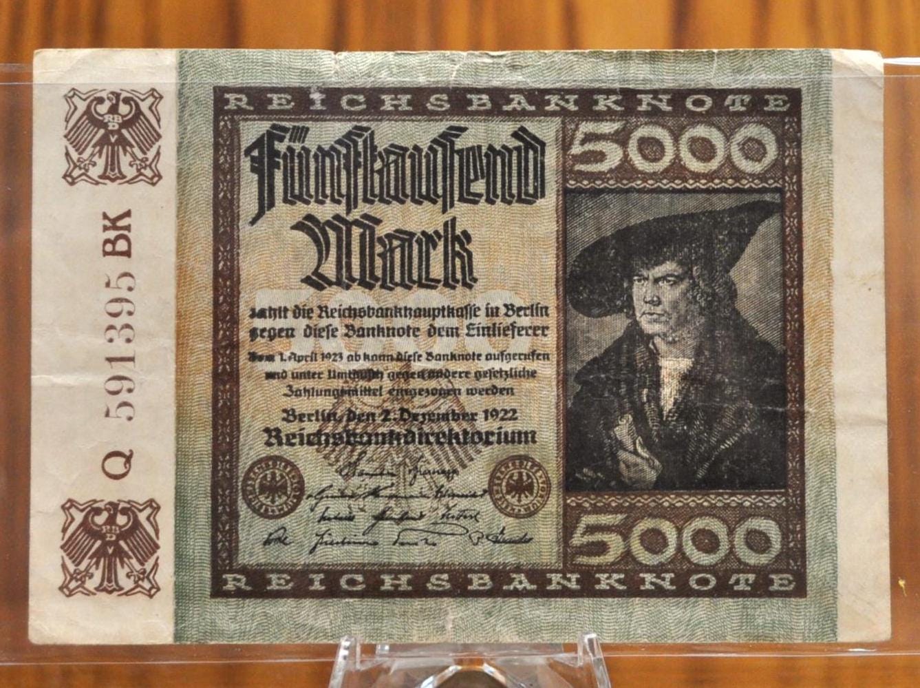 1922 年 5000 マルクドイツ紙幣 - ライヒスバンクノート - 格子模様