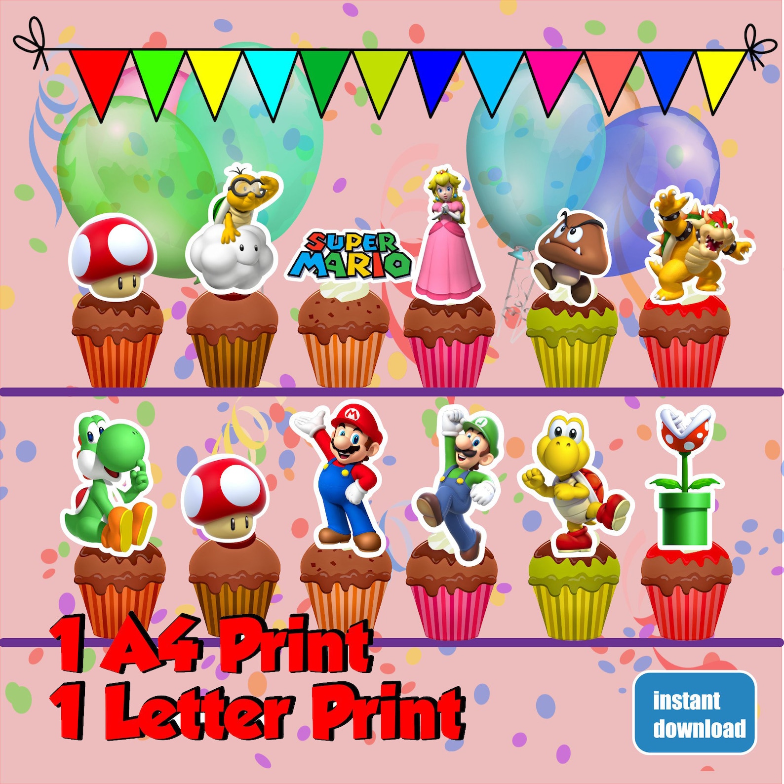 Super Mario Cupcake Topper Mario Topper Print Mario Bros | Etsy