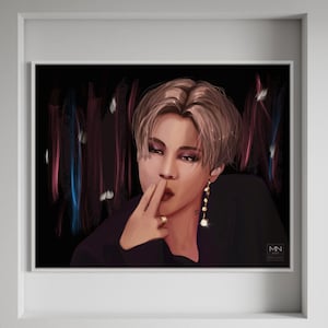 May include: A digital painting of a person with short, light brown hair. The person is wearing a dark shirt and has a gold ring on their finger. The background is black with streaks of pink and blue.