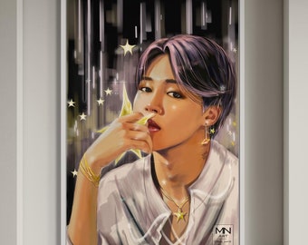 May include: A digital painting of a person with purple hair, wearing a white shirt and gold jewellery. The background is a dark, abstract design with gold stars.