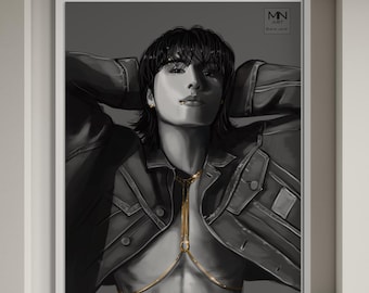 Jungkook grayscale drawing, BTS jk fanart, Bts fanart, Bts army gift
