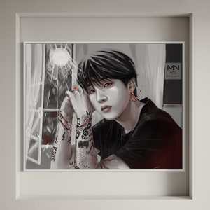 Suga of BTS monotone art print | Kpop Min yoongi with tattoos fanart prints | bts gift,