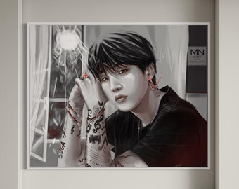 BTS Suga Min Yoon-gi Portrait Handmade Drawing Kpop Wall Art Decor