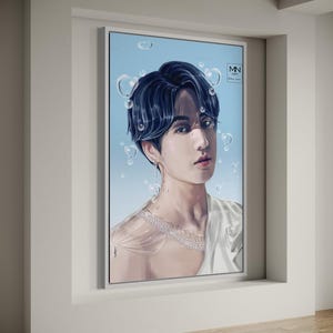 May include: A digital painting of a person with dark blue hair and a white shirt. The person is surrounded by blue bubbles. The painting has the text "MN ART" in the top right corner.