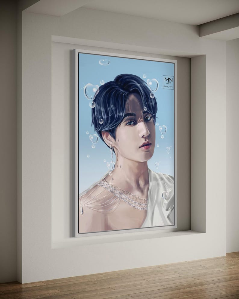 May include: A digital painting of a person with dark blue hair and a white shirt. The person is surrounded by blue bubbles. The painting has the text "MN ART" in the top right corner.