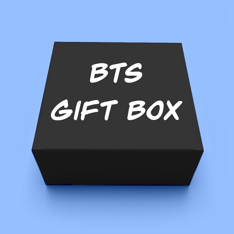 May include: A black gift box with the text "BTS GIFT BOX" printed in white.