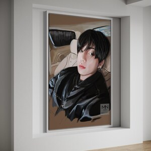 May include: A digital painting of a person with black hair wearing a black jacket. The person is looking at the camera. The background is a brown car interior.