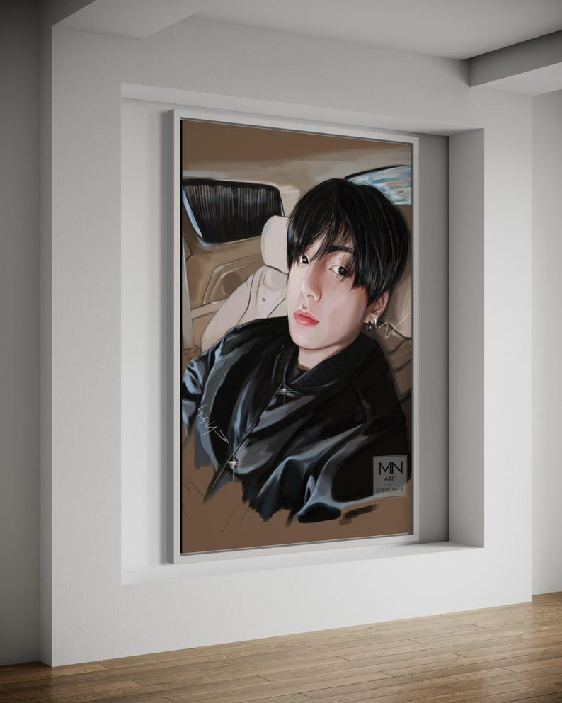 May include: A digital painting of a person with black hair wearing a black jacket. The person is looking at the camera. The background is a brown car interior.