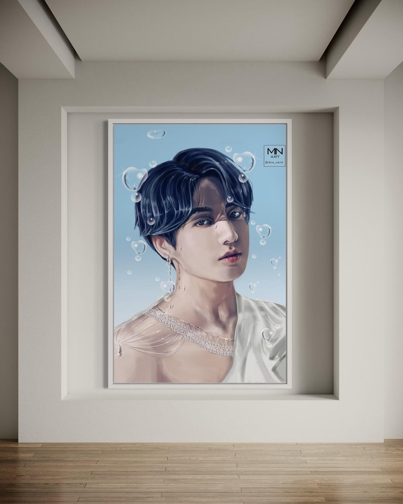 May include: A digital illustration of a person with blue hair and a white garment. The person is surrounded by blue bubbles on a light blue background. The text "MN ART" is in the top right corner of the image.