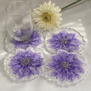 Shimmery Purple with Blue Hue 3D Flower Resin Coasters with Glitters - housewarming - home decor