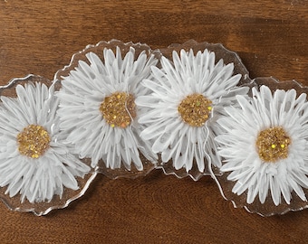 Decorative White 3D Flower Resin Coasters with Gold Leaf Gilding Flakes and Glitters - home decor - housewarming - hostess gift - wedding