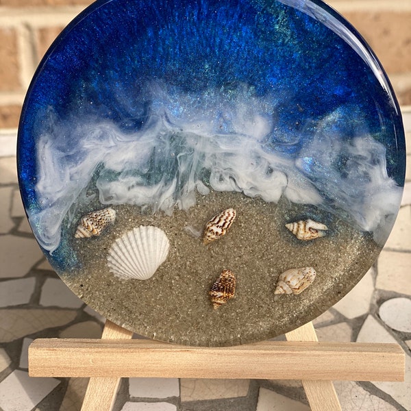 Decorative Tropical Blue and Green Ocean Resin Coasters with Sand & Shells, Beach Waves