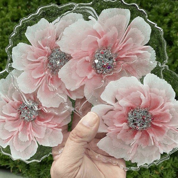 Decorative Raspberry and White Daisy 3D Flower Resin Coasters with Glitters - housewarming - home decor