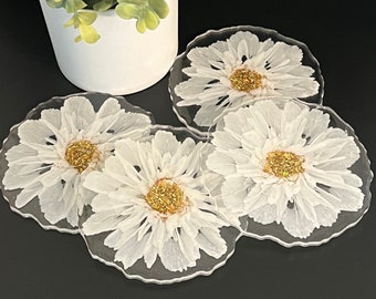 Decorative White Daisy 3D Flower Resin Coasters with Gold Leaf Gilding Flakes and Glitters - home decor - housewarming - hostess gift