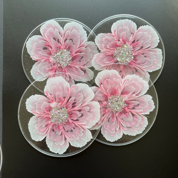 Shimmery Pink and White 3D Flower Resin Coasters with Glitters - housewarming - home decor