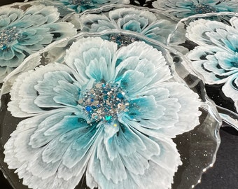 Stunning Shimmering Sky Blue and White 3D Flower Resin Coasters - housewarming - home decor - holiday gift