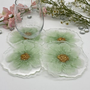 Decorative Sage Green 3D Flower Resin Coasters with Gold Leaf and Glitters - home decor - housewarming - hostess gift - wedding