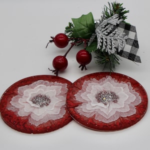 Christmas Red, White and Gold 3D Flower Resin Coasters with Gold Leaf and Glitters - home decor - hostess gift - holiday