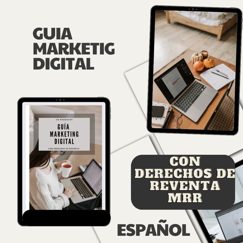 May include: A digital marketing guide in Spanish with resale rights. The cover features a woman working on a laptop in a home office setting.