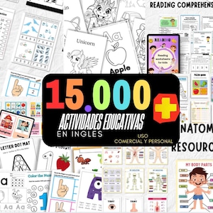 Könnte beinhalten: Eine Collage aus bunten Bildern mit pädagogischen Aktivitäten für Kinder. Die Bilder beinhalten Arbeitsblätter, Malvorlagen und Spiele. Der Text "15.000+ Actividades Educativas en Ingles" ist in großen, fetten Buchstaben dargestellt.