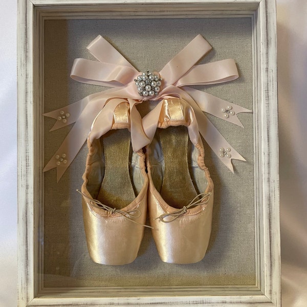 Pink Pointe Shoes in a Shadow Box with Decorated Ribbons