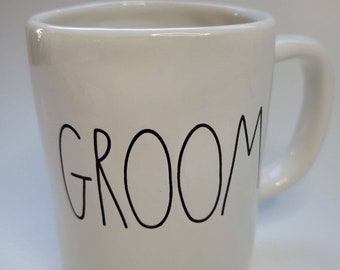 Rae Dunn GROOM WHITE Mug Magenta Artisan Collection Coffee Tea Cup PREOWNED