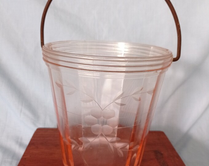Pink Depression Glass Ice Bucket W/handle Etched Etsy