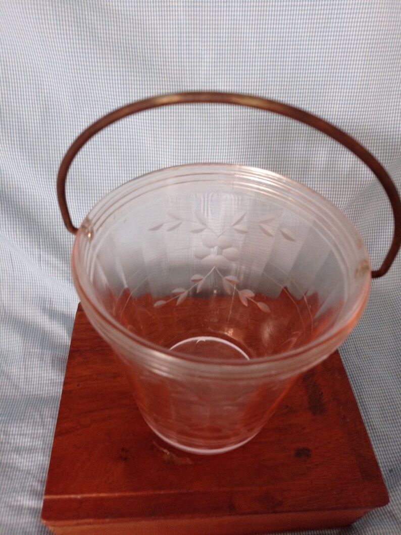 Pink depression glass ice bucket w/handle etched Etsy