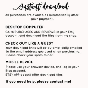 May include: Text-based instructions on how to download digital files purchased on Etsy. The instructions include information for desktop computers, mobile devices, and checking out as a guest. The text includes the phrase "Instant download".