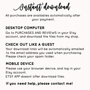May include: Text-based instructions on how to download digital files purchased on Etsy. The instructions include information for desktop computers, mobile devices, and checking out as a guest. The text includes the phrase "Instant download".