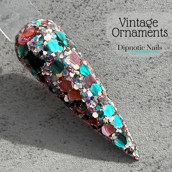 Vintage Ornaments Pink, Teal, and Gold Nail Dip Powder The Vintage Christmas Collection