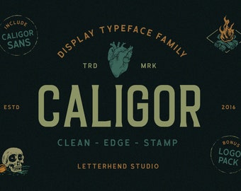 CALIGOR - Display Typeface, display, serif, sans, illustration, tshirt, label, retro, vintage, rustic, emblem, logo, logotype, food