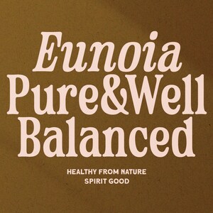 May include: A brown background with white text that reads "Eunoia Pure & Well Balanced" and "Healthy from Nature Spirit Good".