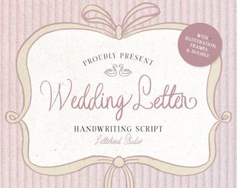 May include: A decorative frame with a pink and white striped background. The frame features a handwritten script font that says "Wedding Letter" with the words "Proudly Present" and "Handwriting Script" above and below the main text. The frame is decorated with a bow and two swans.