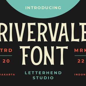 May include: Introducing Rivervale Font, a vintage-inspired typeface with a bold, playful style. The font is displayed in white against a black background with the text "TRD 20" and "MRK 22" in red. The text "LETTERHEND STUDIO" is displayed in teal.