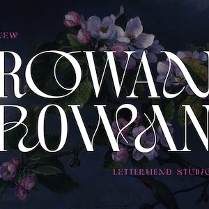 May include: A digital art piece featuring the word "ROWAN" in a stylized, elegant font. The word is in white, with a dark background and floral accents. The text "NEW" and "LETTERHEND STUDIO" are also present.