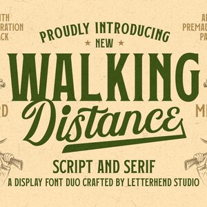 May include: A vintage-style font duo called "Walking Distance" with a script and serif style. The font is displayed on a beige background with illustrations of a campfire and a person holding an axe.