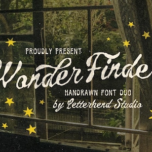 May include: A digital graphic featuring the text PROUDLY PRESENT Wonder Finder HANDRAWN FONT DUO by Letterhend Studio in white script and serif lettering, decorated with multiple yellow hand-drawn stars against a dark, textured background.