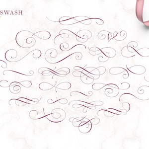 May include: A collection of 30 decorative flourishes in a burgundy color, perfect for adding a touch of elegance to your designs.  These swashes are ideal for use in invitations, cards, and other paper crafts.