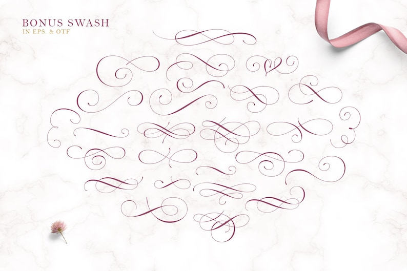 May include: A collection of 30 decorative flourishes in a burgundy color, perfect for adding a touch of elegance to your designs.  These swashes are ideal for use in invitations, cards, and other paper crafts.