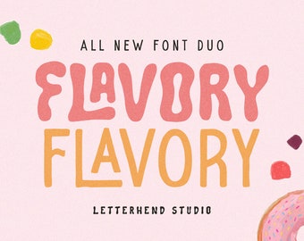 May include: A graphic design featuring the text "ALL NEW FONT DUO FLAVORY FLAVORY" in two different styles. The text is in pink and orange on a light pink background. The text is surrounded by colorful dots and a pink and white donut.