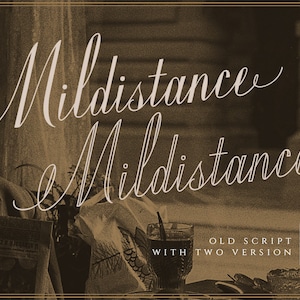 May include: A vintage-style font design called "Milditance" with two versions, old script and regular. The font is shown in white against a brown background.