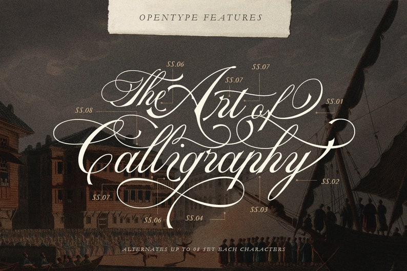 Peut inclure: Une police de caract&egrave;res calligraphique blanche avec le texte "The Art of Calligraphy" avec diff&eacute;rentes variantes stylistiques marqu&eacute;es de num&eacute;ros. Le texte est plac&eacute; sur un fond vintage d'une ville et d'un navire.