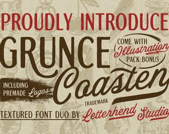 Duo de polices Grunce Coasten : écriture vintage et sans empattement avec illustrations