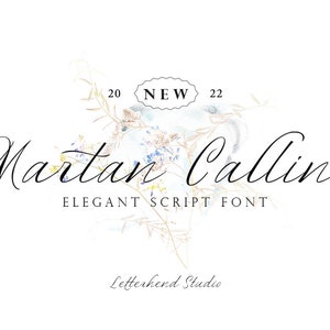 May include: A logo for a font called "Martan Caline" with the tagline "Elegant Script Font" and the text "Letterhend Studio" below. The logo is set against a background of watercolor-style floral imagery.
