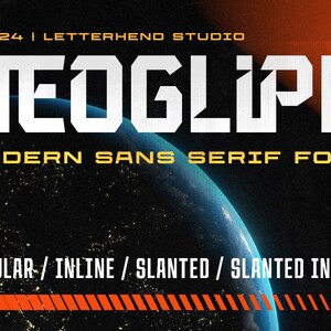 Op de afbeelding: Een wit lettertypeontwerp genaamd "Neoglyph" met de tagline "Modern Sans Serif Font". Het lettertype wordt weergegeven in een vetgedrukte, blokkige stijl. De achtergrond is een donkere ruimte scène met een blauwe planeet.