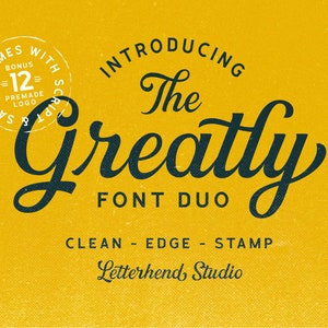 May include: A yellow background with a black and white logo for a font duo called "The Greatly". The logo includes the text "Introducing The Greatly Font Duo", "Clean - Edge - Stamp", and "Letterhend Studio".
