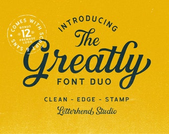 Greatly Font Duo, vintage, typeface, font duo, logo template, emblem, label, retro, old school, gritty, grunge, rough, stamp, letterpress,